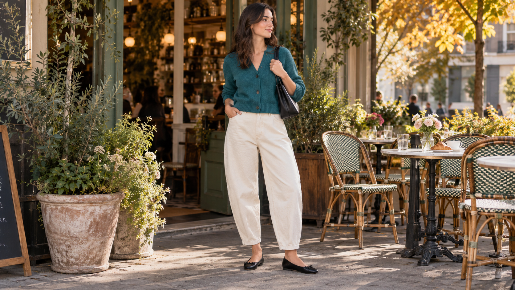 Teal Cardigan with Ecru Barrel Jeans and Black Ballet Flats
